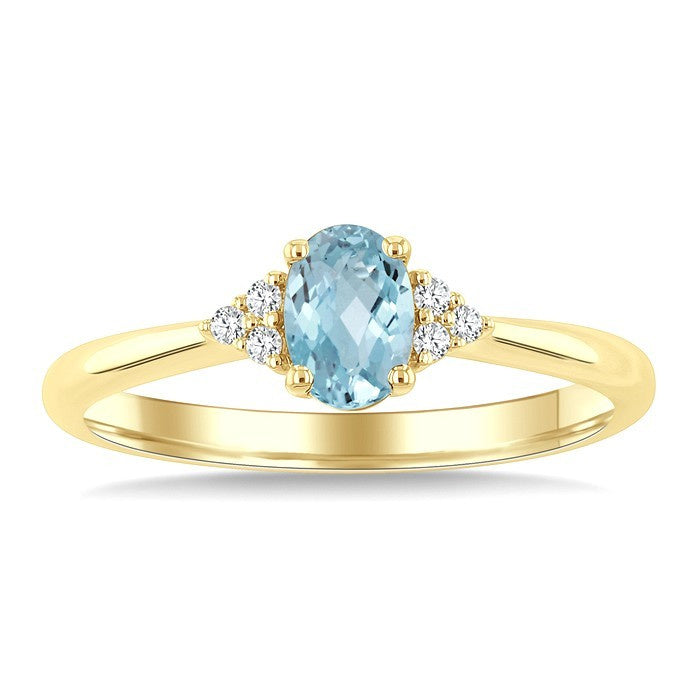 1/20 Ctw Oval Cut 6X4 MM Aquamarine and Round Cut Diamond semi-precious Ring in 14K Yellow Gold