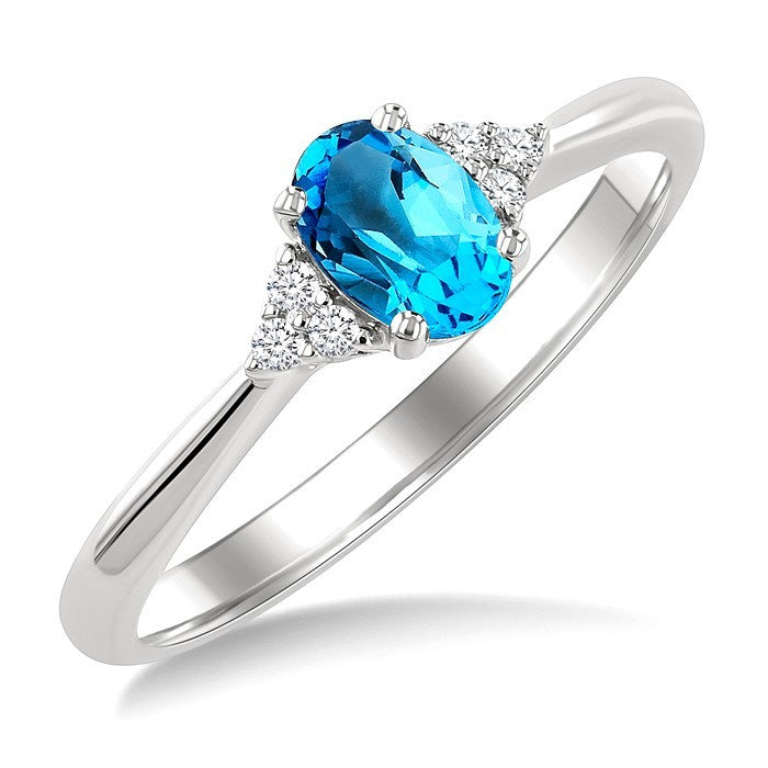 1/20 Ctw Oval Cut 6X4 MM Blue Topaz and Round Cut Diamond semi-precious Ring in 14K White Gold