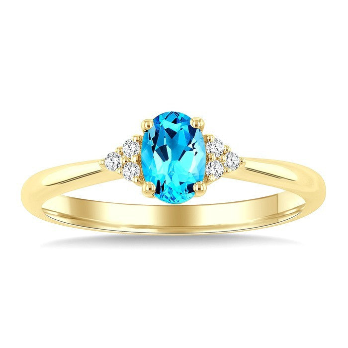 1/20 Ctw Oval Cut 6X4 MM Blue Topaz and Round Cut Diamond semi-precious Ring in 14K Yellow Gold