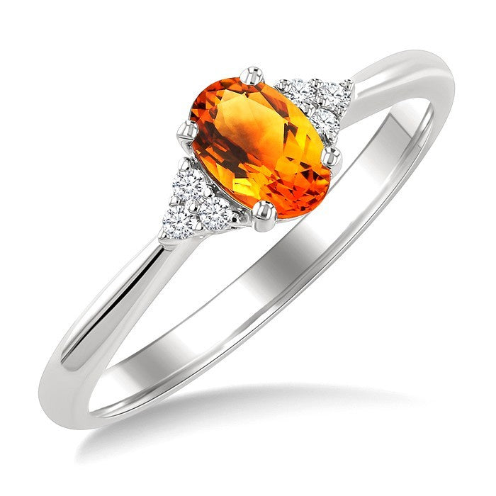 1/20 Ctw Oval Cut 6X4 MM Citrine and Round Cut Diamond semi-precious Ring in 14K White Gold