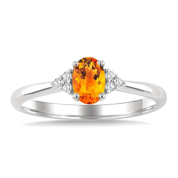 1/20 Ctw Oval Cut 6X4 MM Citrine and Round Cut Diamond semi-precious Ring in 14K White Gold