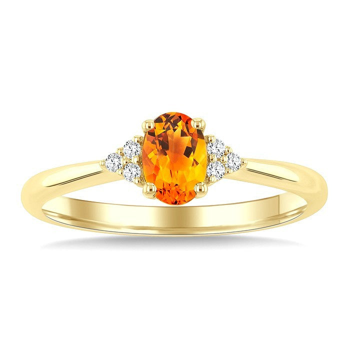 1/20 Ctw Oval Cut 6X4 MM Citrine and Round Cut Diamond semi-precious Ring in 14K Yellow Gold