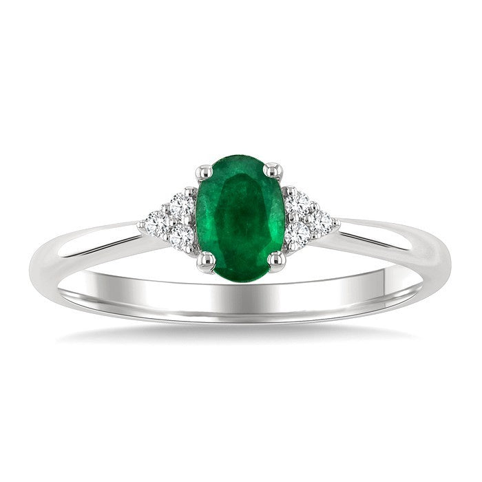 1/20 Ctw Oval Cut 6X4 MM Emerald and Round Cut Diamond Precious Ring in 14K White Gold
