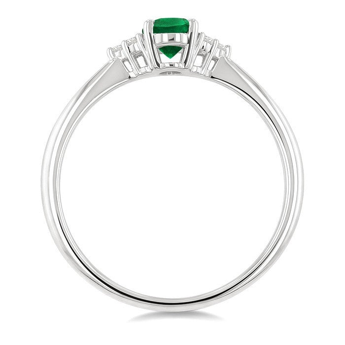 1/20 Ctw Oval Cut 6X4 MM Emerald and Round Cut Diamond Precious Ring in 14K White Gold