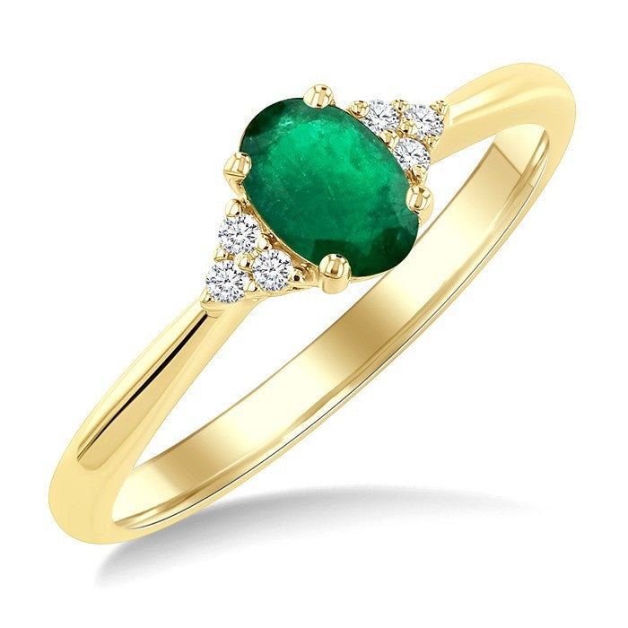 1/20 Ctw Oval Cut 6X4 MM Emerald and Round Cut Diamond Precious Ring in 14K Yellow Gold