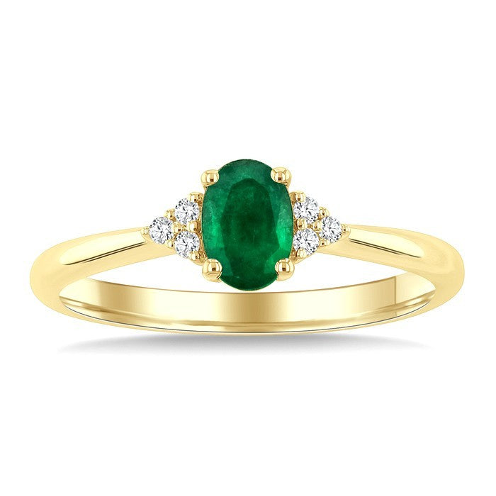 1/20 Ctw Oval Cut 6X4 MM Emerald and Round Cut Diamond Precious Ring in 14K Yellow Gold