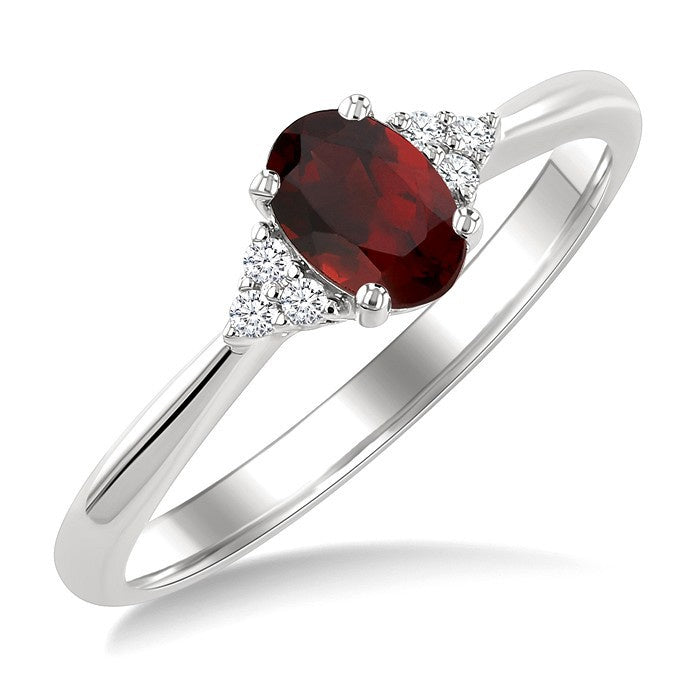 1/20 Ctw Oval Cut 6X4 MM Garnet and Round Cut Diamond semi-precious Ring in 14K White Gold