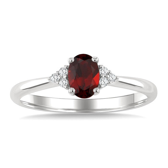 1/20 Ctw Oval Cut 6X4 MM Garnet and Round Cut Diamond semi-precious Ring in 14K White Gold