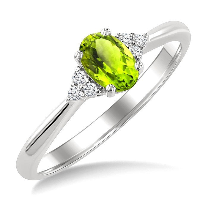 1/20 Ctw Oval Cut 6X4 MM Peridot and Round Cut Diamond semi-precious Ring in 14K White Gold