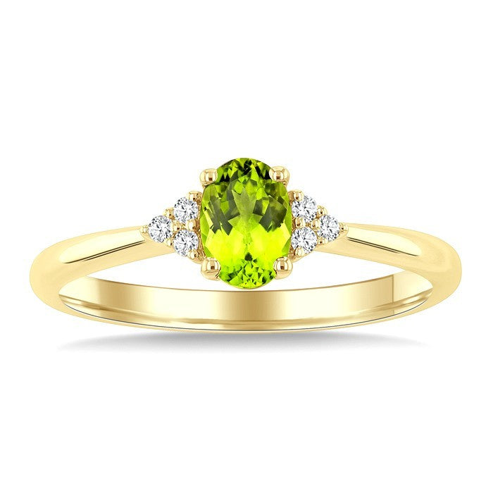 1/20 Ctw Oval Cut 6X4 MM Peridot and Round Cut Diamond semi-precious Ring in 14K Yellow Gold
