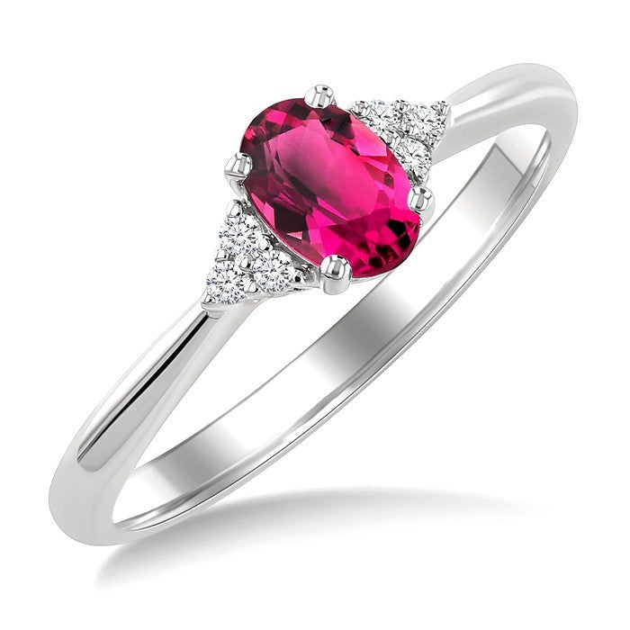 1/20 Ctw Oval Cut 6X4 MM Pink Tourmaline and Round Cut Diamond semi-precious Ring in 14K White Gold