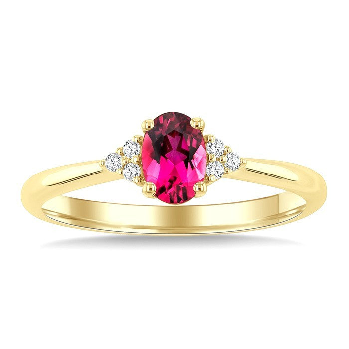 1/20 Ctw Oval Cut 6X4 MM Pink Tourmaline and Round Cut Diamond semi-precious Ring in 14K Yellow Gold
