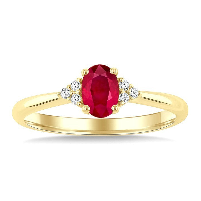 1/20 Ctw Oval Cut 6X4 MM Ruby and Round Cut Diamond precious Ring in 14K Yellow Gold