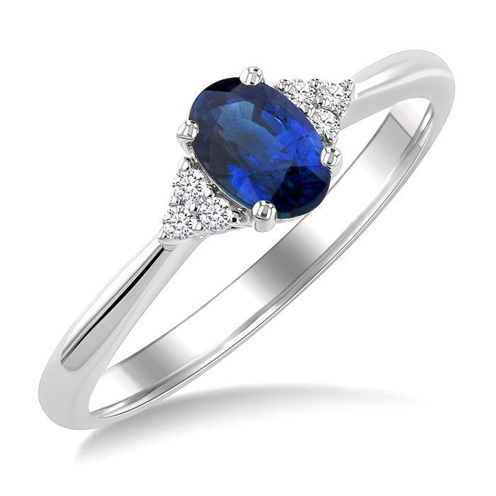 1/20 Ctw Oval Cut 6X4 MM Sapphire and Round Cut Diamond Precious Ring in 14K White Gold