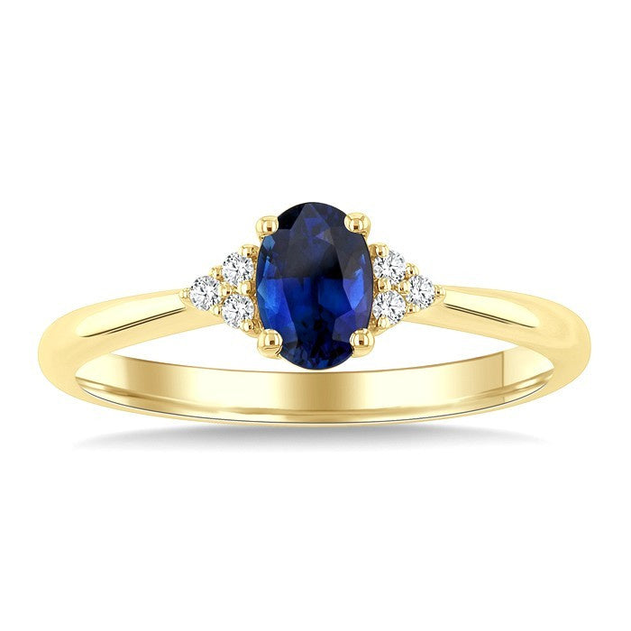 1/20 Ctw Oval Cut 6X4 MM Sapphire and Round Cut Diamond Precious Ring in 14K Yellow Gold