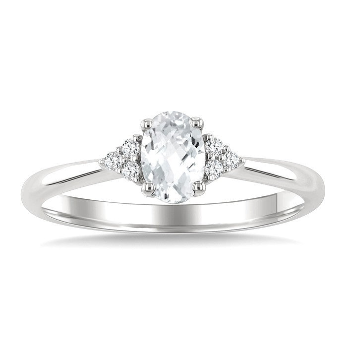 1/20 Ctw Oval Cut 6X4 MM White Topaz and Round Cut Diamond semi-precious Ring in 14K White Gold