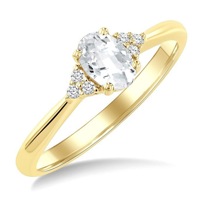 1/20 Ctw Oval Cut 6X4 MM White Topaz and Round Cut Diamond semi-precious Ring in 14K Yellow Gold