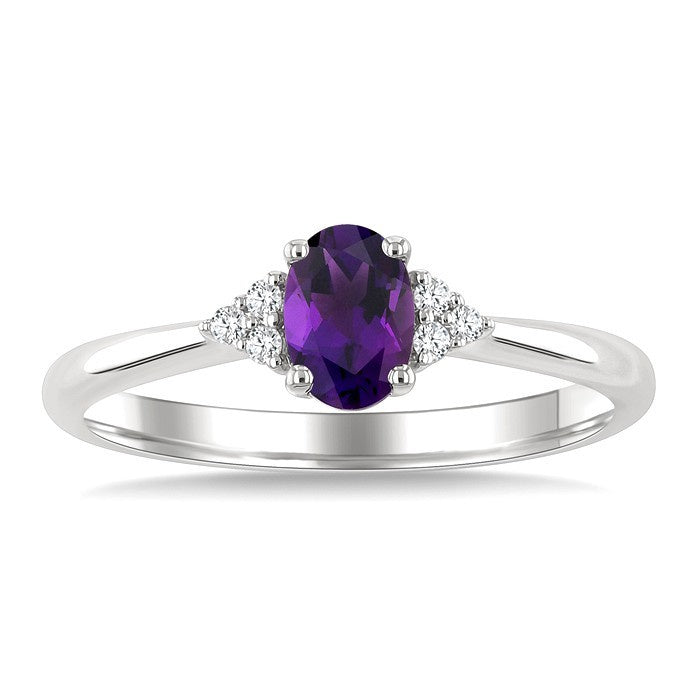 1/20 Ctw Oval Cut 6X4 MM Amethyst and Round Cut Diamond semi-precious Ring in 10K White Gold