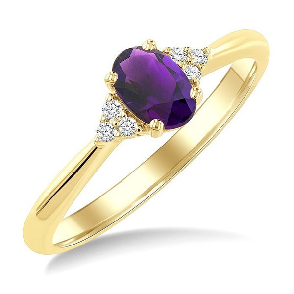1/20 Ctw Oval Cut 6X4 MM Amethyst and Round Cut Diamond Semi Precious Ring in 10K Yellow Gold