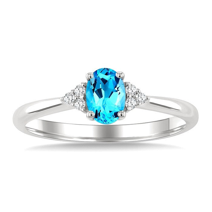 1/20 Ctw Oval Cut 6X4 MM Blue Topaz and Round Cut Diamond semi-precious Ring in 10K White Gold