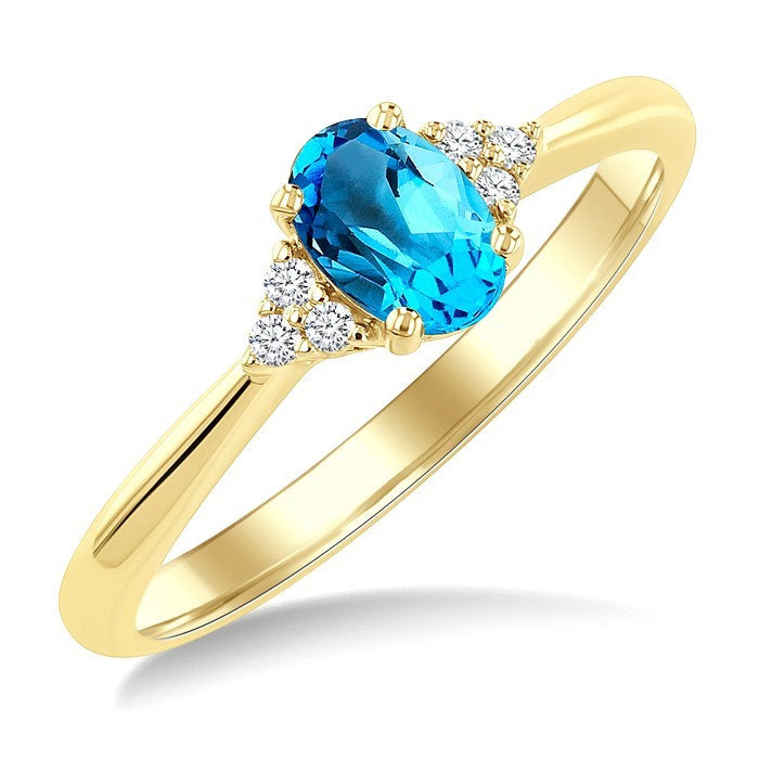1/20 Ctw Oval Cut 6X4 MM Blue Topaz and Round Cut Diamond semi-precious Ring in 10K Yellow Gold
