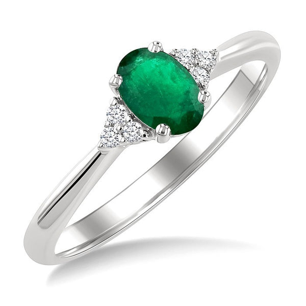 1/20 Ctw Oval Cut 6X4 MM Emerald and Round Cut Diamond Precious Ring in 10K White Gold
