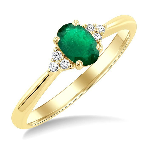 1/20 Ctw Oval Cut 6X4 MM Emerald and Round Cut Diamond Precious Ring in 10K Yellow Gold