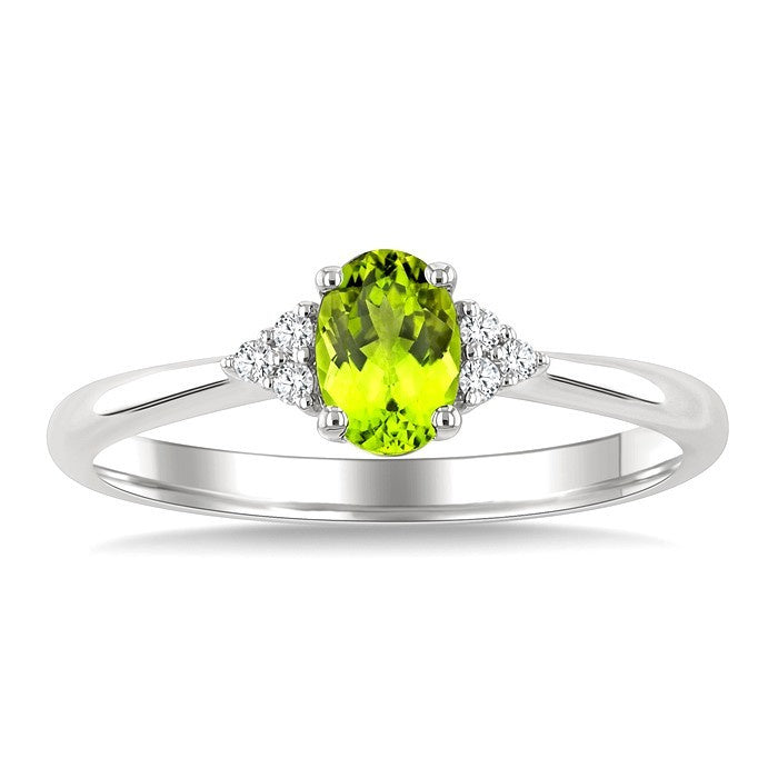1/20 Ctw Oval Cut 6X4 MM Peridot and Round Cut Diamond semi-precious Ring in 10K White Gold