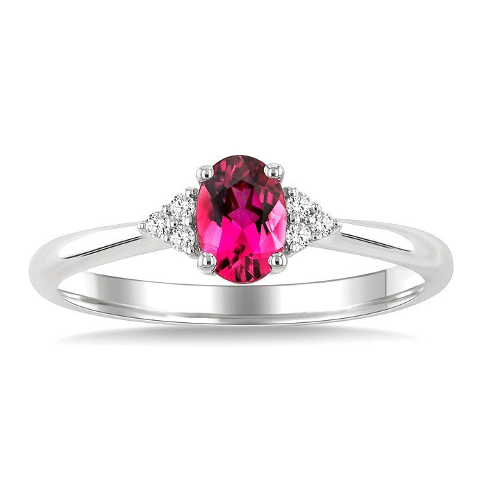 1/20 Ctw Oval Cut 6X4 MM Pink Tourmaline and Round Cut Diamond semi-precious Ring in 10K White Gold