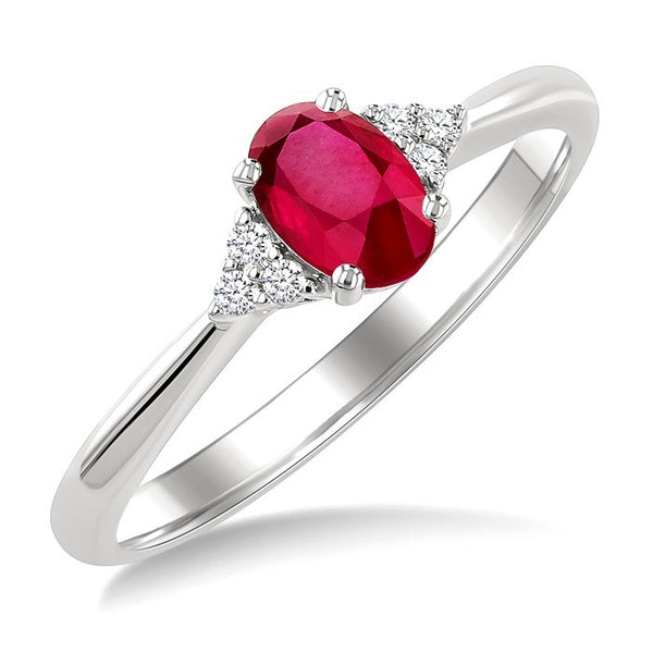 1/20 Ctw Oval Cut 6X4 MM Ruby and Round Cut Diamond precious Ring in 10K White Gold