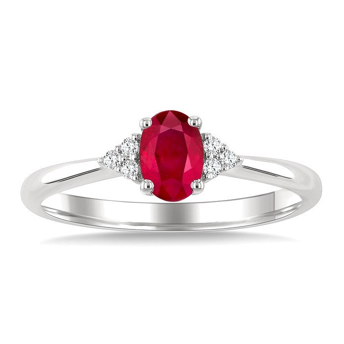 1/20 Ctw Oval Cut 6X4 MM Ruby and Round Cut Diamond precious Ring in 10K White Gold