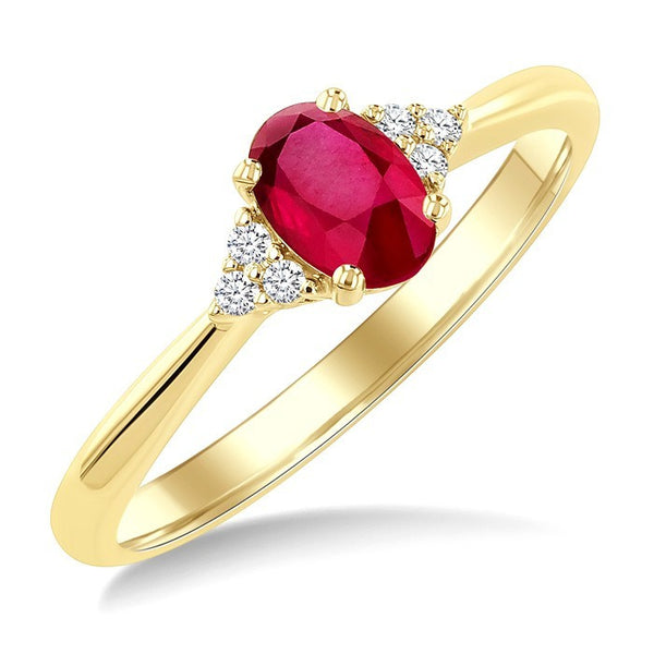1/20 Ctw Oval Cut 6X4 MM Ruby and Round Cut Diamond semi-precious Ring in 10K Yellow Gold
