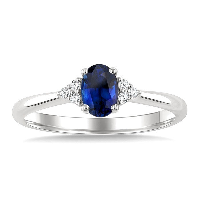 1/20 Ctw Oval Cut 6X4 MM Sapphire and Round Cut Diamond Precious Ring in 10K White Gold