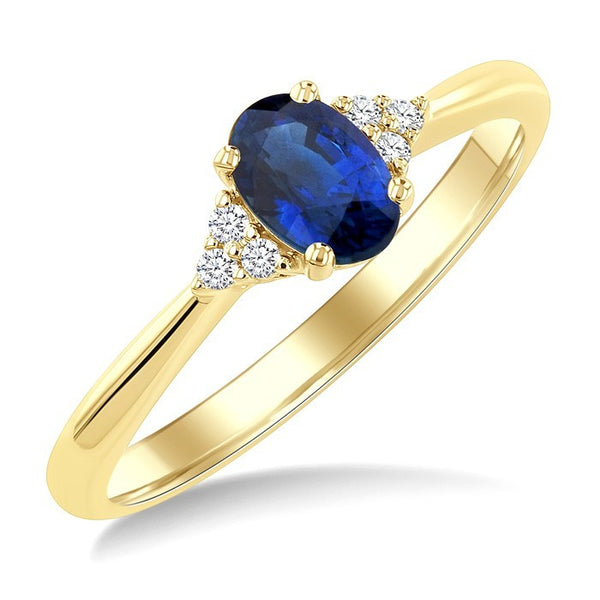1/20 Ctw Oval Cut 6X4 MM Sapphire and Round Cut Diamond Precious Ring in 10K Yellow Gold