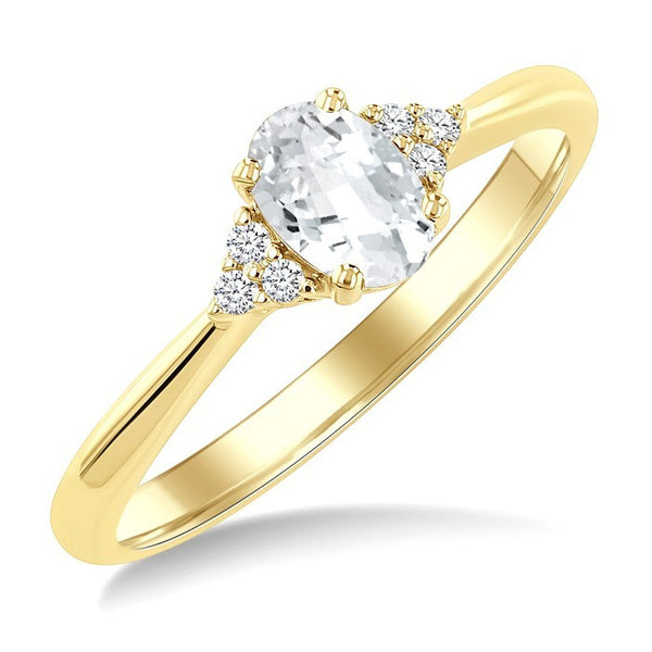 1/20 Ctw Oval Cut 6X4 MM White Topaz and Round Cut Diamond semi-precious Ring in 10K Yellow Gold