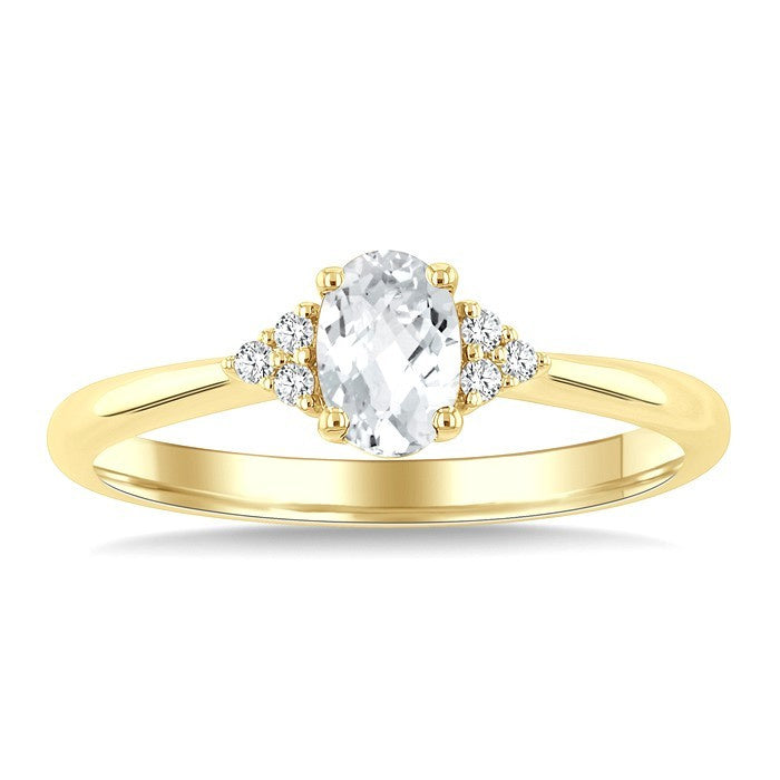 1/20 Ctw Oval Cut 6X4 MM White Topaz and Round Cut Diamond semi-precious Ring in 10K Yellow Gold