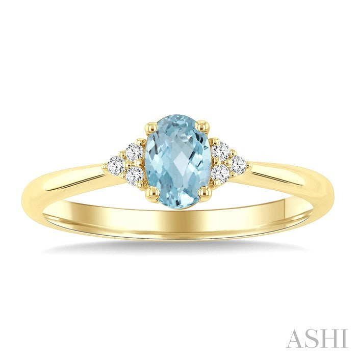 1/20 Ctw Oval Cut 6X4 MM Aquamarine and Round Cut Diamond semi-precious Ring in 14K Yellow Gold