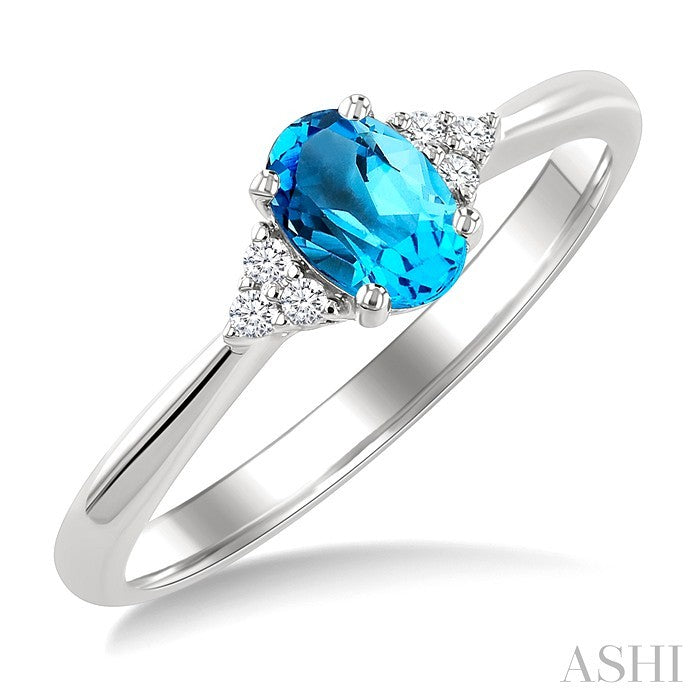 1/20 Ctw Oval Cut 6X4 MM Blue Topaz and Round Cut Diamond semi-precious Ring in 14K White Gold