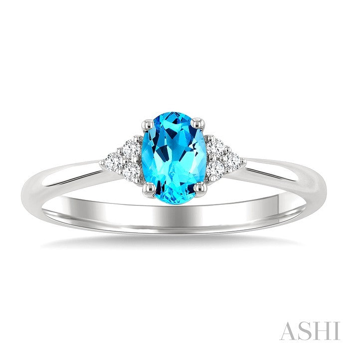 1/20 Ctw Oval Cut 6X4 MM Blue Topaz and Round Cut Diamond semi-precious Ring in 14K White Gold