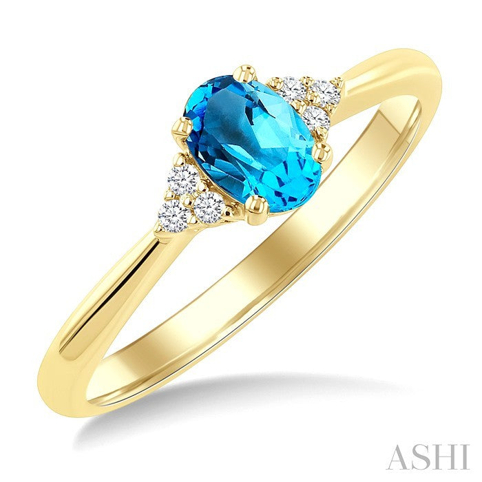 1/20 Ctw Oval Cut 6X4 MM Blue Topaz and Round Cut Diamond semi-precious Ring in 14K Yellow Gold