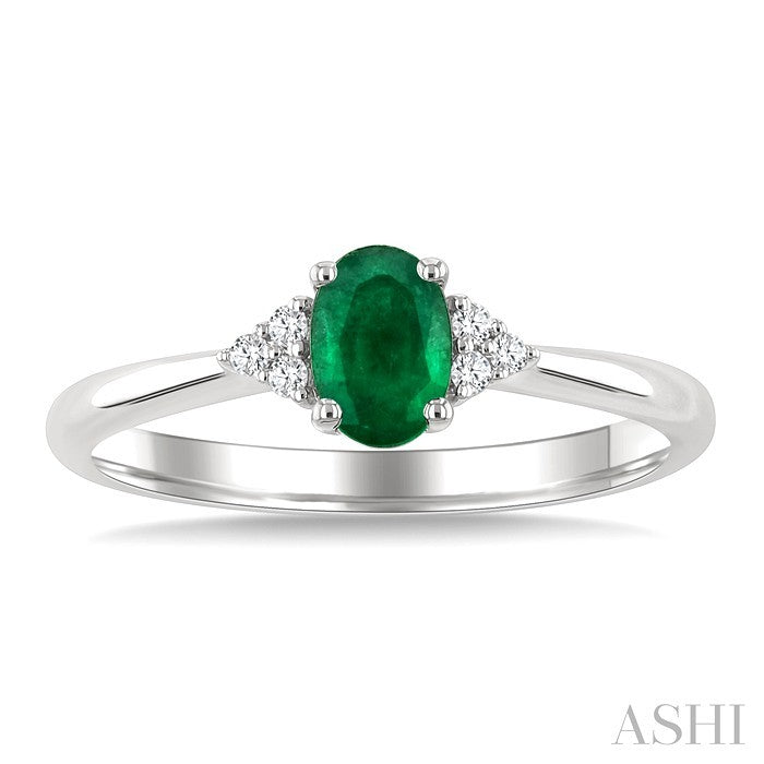 1/20 Ctw Oval Cut 6X4 MM Emerald and Round Cut Diamond Precious Ring in 14K White Gold