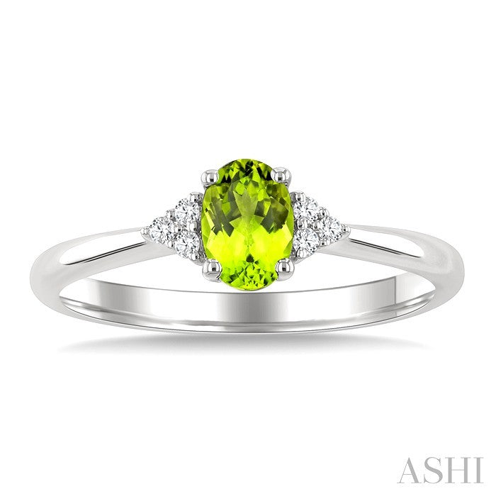 1/20 Ctw Oval Cut 6X4 MM Peridot and Round Cut Diamond semi-precious Ring in 14K White Gold