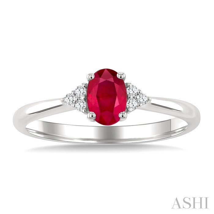 1/20 Ctw Oval Cut 6X4 MM Ruby and Round Cut Diamond precious Ring in 14K White Gold