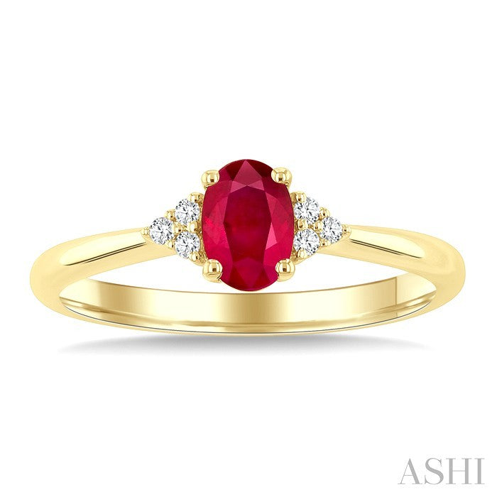 1/20 Ctw Oval Cut 6X4 MM Ruby and Round Cut Diamond precious Ring in 14K Yellow Gold