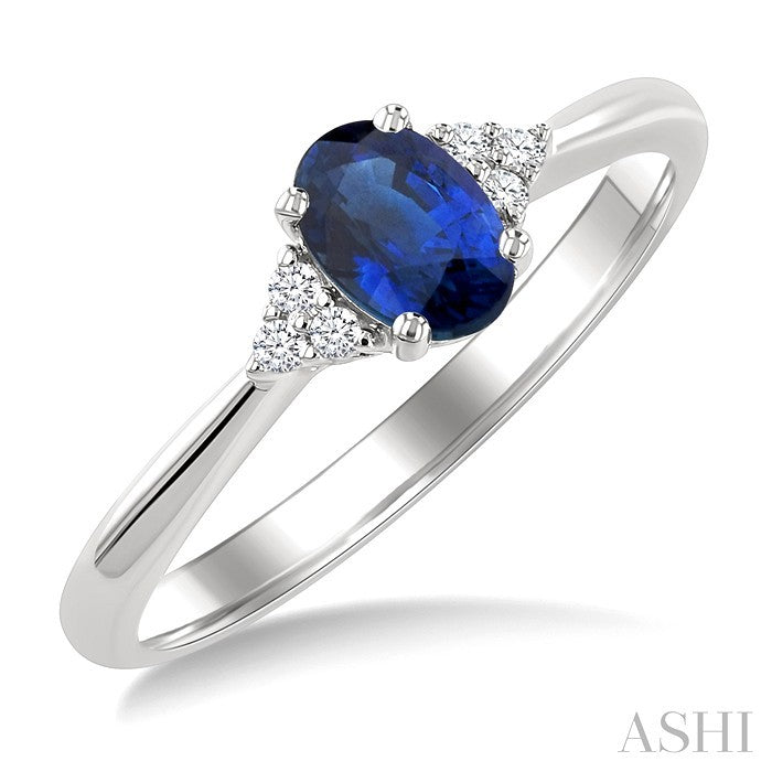 1/20 Ctw Oval Cut 6X4 MM Sapphire and Round Cut Diamond Precious Ring in 14K White Gold