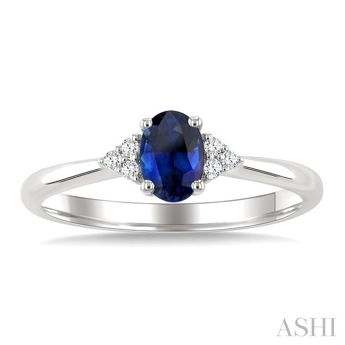 1/20 Ctw Oval Cut 6X4 MM Sapphire and Round Cut Diamond Precious Ring in 14K White Gold