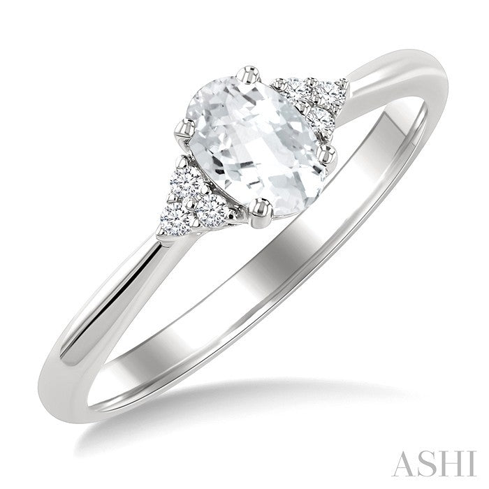 1/20 Ctw Oval Cut 6X4 MM White Topaz and Round Cut Diamond semi-precious Ring in 14K White Gold
