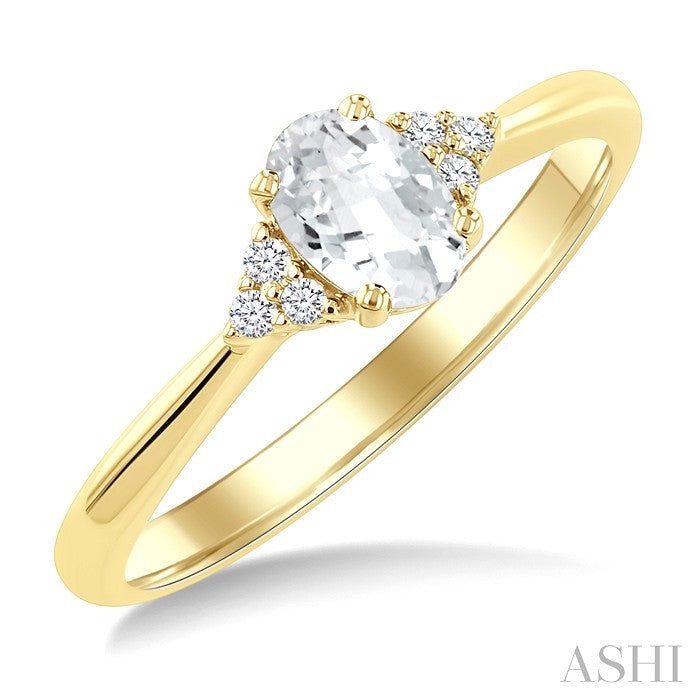 1/20 Ctw Oval Cut 6X4 MM White Topaz and Round Cut Diamond semi-precious Ring in 14K Yellow Gold