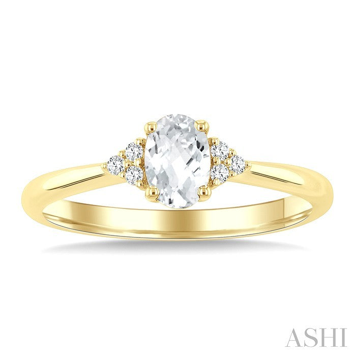 1/20 Ctw Oval Cut 6X4 MM White Topaz and Round Cut Diamond semi-precious Ring in 14K Yellow Gold