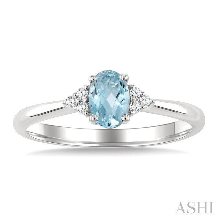 1/20 Ctw Oval Cut 6X4 MM Aquamarine and Round Cut Diamond semi-precious Ring in 10K White Gold